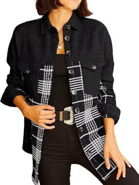 Women's Plaid Button Down Shacket Jacket -Black